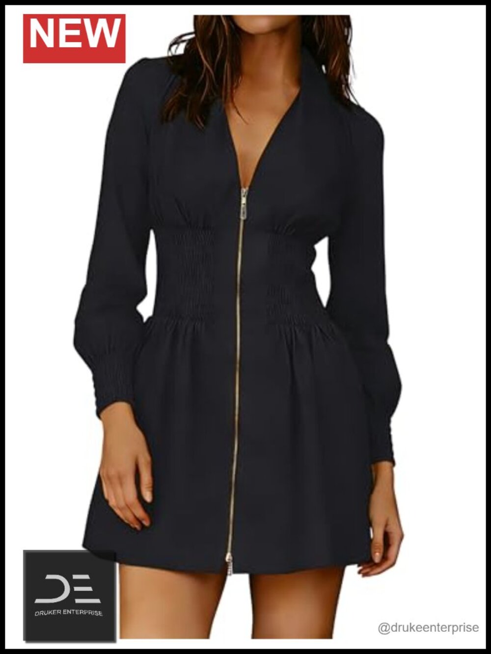 Womens Long Sleeve V Neck Mini Dress Smocked Zipper A Line Pockets